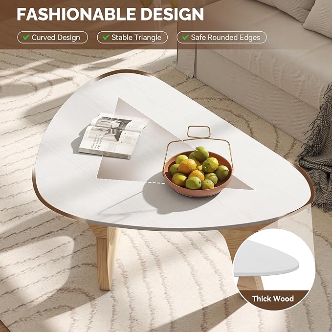 Modern Wood Coffee Table, Triangle Center Table with Premium Wooden Top& Unique Base, 35.5” Small Mid Century Tea Tables for Living Room, Apartment, Office,White&Light Natural Wood