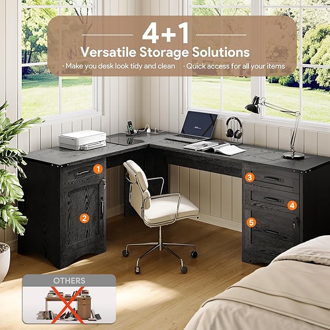 Decofy L Shaped Farmhouse Executive Desk with Drawers, 67" Home Office Desks with Fast Charging Station, Lockable File Cabinet, Wood Writing Computer Desk for Work, Study, Black