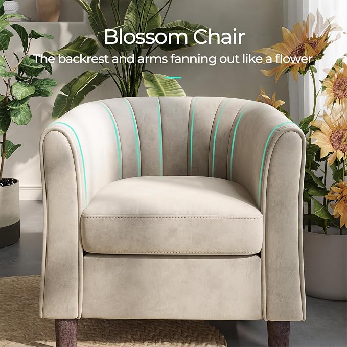 LINSY Accent Chair with Ottoman, Modern Barrel Chair Small Armchair Reading Chair with Footrest, Comfy Round Arms Chair for Living Room Bedroom Reading Room, Velvet, Cream