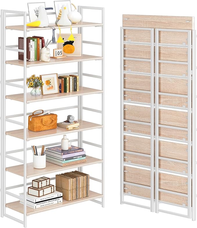 4NM No Assembly 6 Tiers Collapsible Book Shelves, 61.8" H Folding Bookshelf Bookcase Open Industrial Foldable Shelves for Bedroom, Living Room, Home Office - Natural White