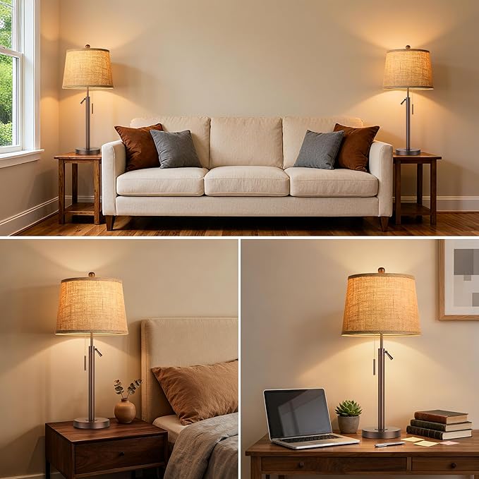 PARTPHONER Bedside Lamps Set of 2, Tall Table Lamps for Living Room, Height Adjustable Nightstand Lamps for Bedroom, Modern End Table Lamps with Pull Chain(LED Bulbs Included), Oil Rubbed Bronze