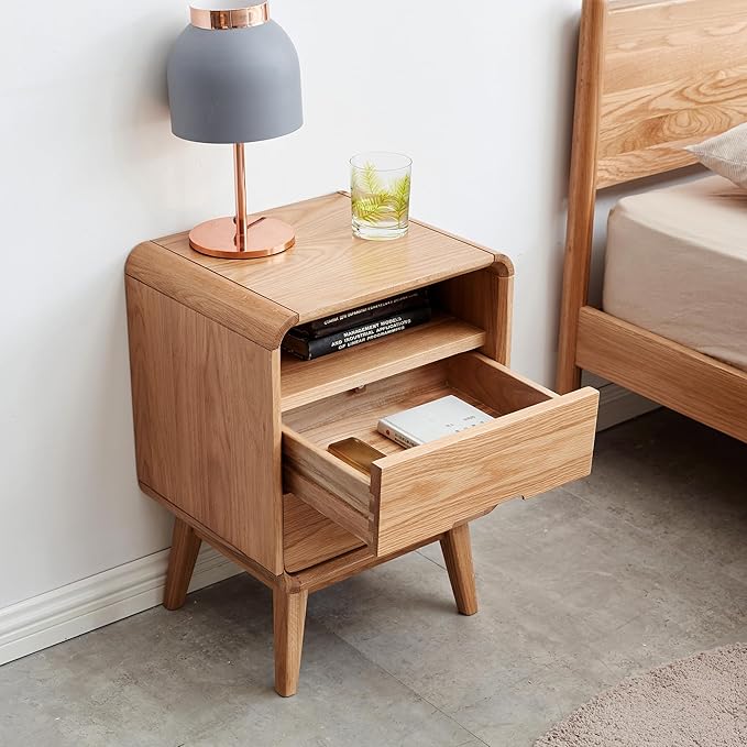 Mid-Century Modern Solid Oak Nightstand, 2-Drawer Bedside Table with Open Storage, Wooden Bedroom End Table (Natural Oak, 16.53”x13.78”x23.22”)