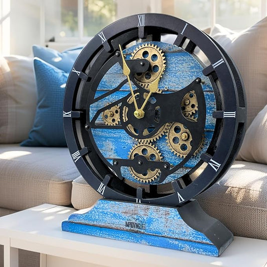 ImprovingLife The Gears Clock Desk Clock 10 inches with Real Moving Gears Convertible into Wall Clock (Ocean Blue)