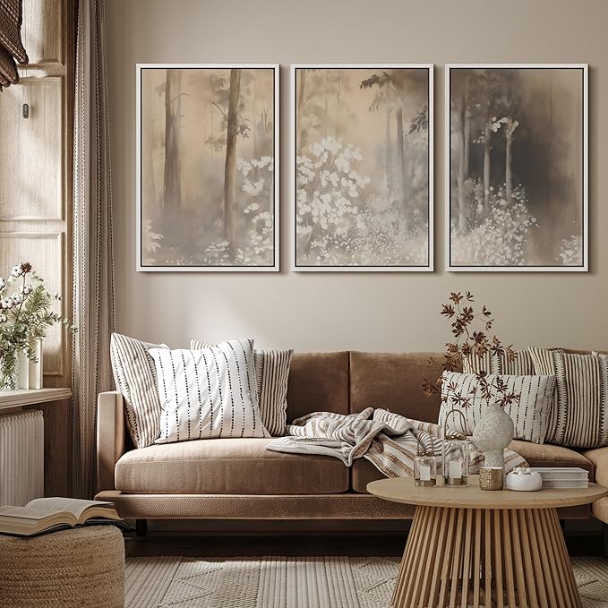 MUDECOR Framed Wall Art Print Set Neutral Forest Landscape Beige and Gray Watercolor Illustrations Realism Decorative for Living Room, Bedroom, Office - 24"x36"x3 White
