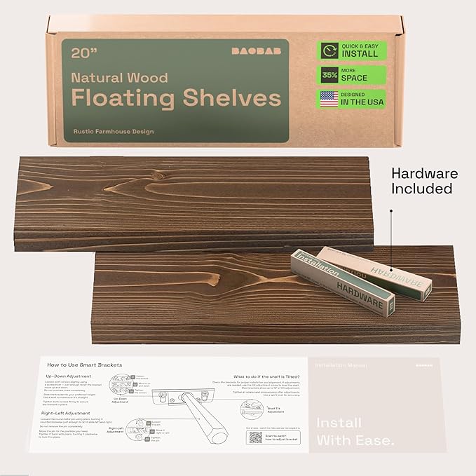 BAOBAB WORKSHOP Wood Floating Shelves for Wall 20 Inch, Solid Real Wooden Bathroom Shelf, Heavy Duty Wall Shelf Mounted 20 in Kitchen Rustic Farmhouse, Walnut Floating Shelves, 20W × 6.7D, Set of 2