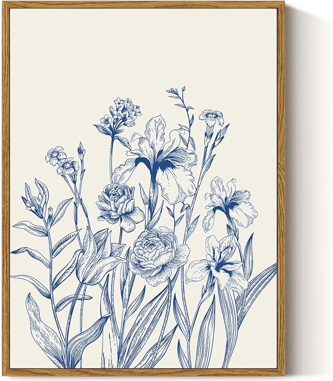 ARPEOTCY Vintage Framed Canvas Wall Art, 12x16 Inch Blue Botanical Flower Wall Art, Minimalist Line Drawing Floral Print, Nature Canvas Picture for Living Room, Bedroom, or Bathroom Decor
