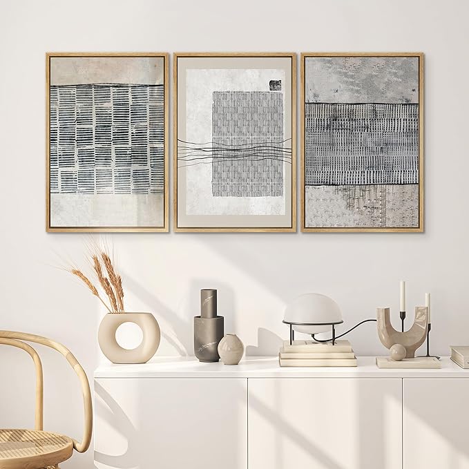 SIGNWIN Framed Canvas Print Wall Art Set Black Tan Industrial Line Art Pattern Abstract Shapes Cozy Neutral Decorative Contemporary Minimal for Living Room, Bedroom, Office - 24"x36"x3 Natural