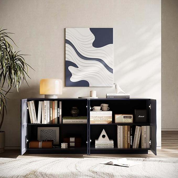 Sideboard with 3D Water Wave, Modern Sideboard Buffet Cabinet with Textured Panel, Storage Cabinet with Drawers & Shelves, Multipurpose Storage for Dining Room,Living Room
