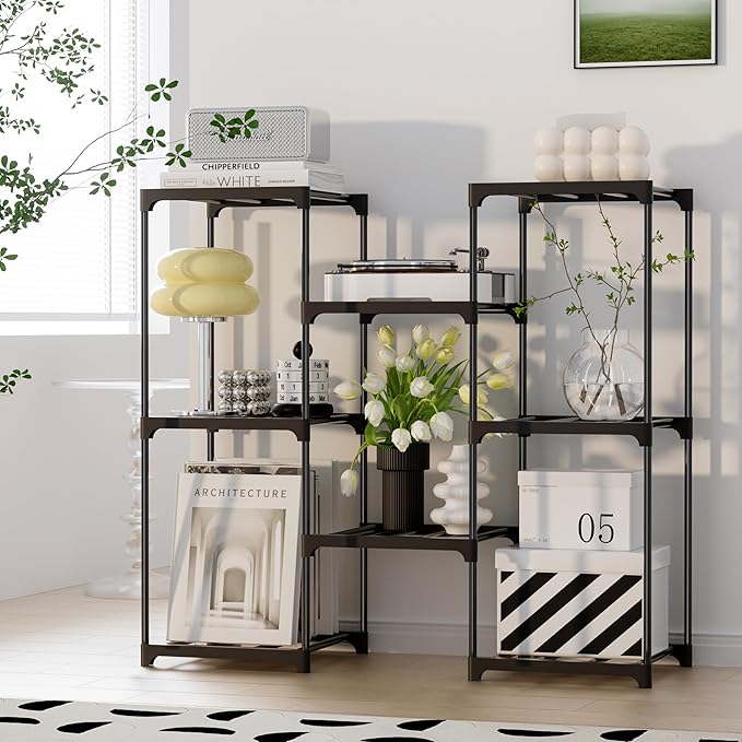 Plant Stand Indoor Outdoor Plant Shelf Stand, 3 Tiers 8 Pots Large Potted Metal Flower Plant Rack for Multiple Plants, Hanging Tall Planter Holder for Patio Balcony Living Room Corner Porch Garden Boho Decor Black