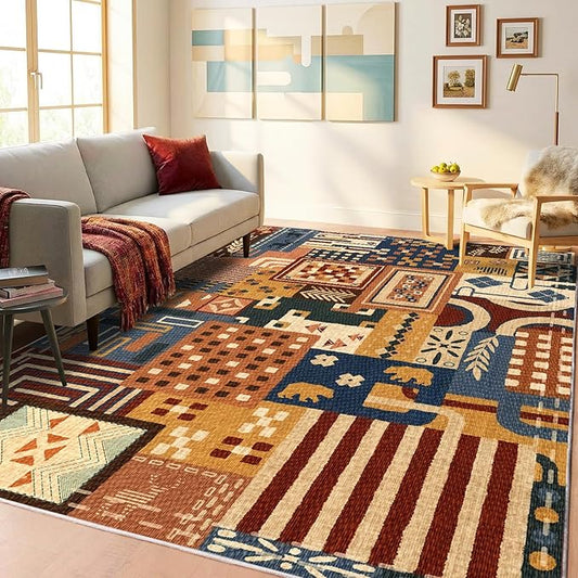 Southwestern Area Rugs for Living Room, 6x9 Boho Tribal Geometric Colorful Patchwork Carpet, Washable Non Slip Low Pile Indoor Rug for Bedroom Dining Room Office Home Hardwood Floor