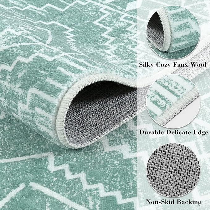 Wonnitar Moroccan 3x5 Area Rug, Sage Green Rug for Bedroom, Washable Farmhouse Kitchen Rug Non-Slip Living Room Throw Mat, Soft Non-Shedding Small Carpet for Bathroom Dorm Office (Mint Green,3'x5')