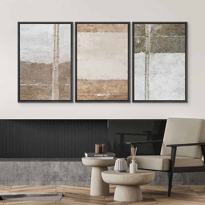 SIGNWIN Framed Canvas Print Wall Art Set Grunge Gray Brown Pastel Landscape Abstract Shapes Illustrations Modern Art Geometric Zen Mid-Century for Living Room, Bedroom, Office - 24"x36"x3 Black