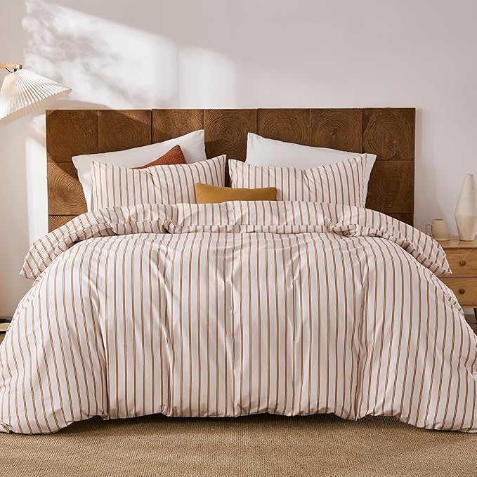 Merryword Striped Duvet Cover Set Queen Size 3 Pieces 100% Cotton Duvet Cover Set with Beige and Terracotta Vertical Stripe Design,Soft Lightweight Reversible Bedding Set for All Seasons