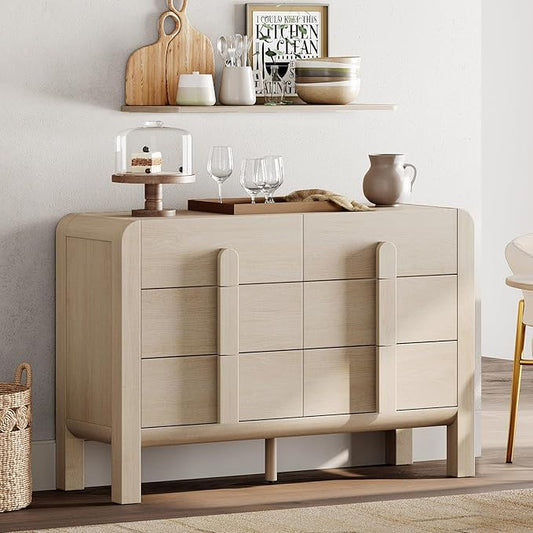 WAMPAT 47.2" W Buffet Cabinet with 6 Drawers, Modern Sideboard Buffet Cabinet with Storage, Buffet Table Coffee Bar Wine Bar Storage Cabinet for Dining Room, Living Room, Hallway, Light Oak