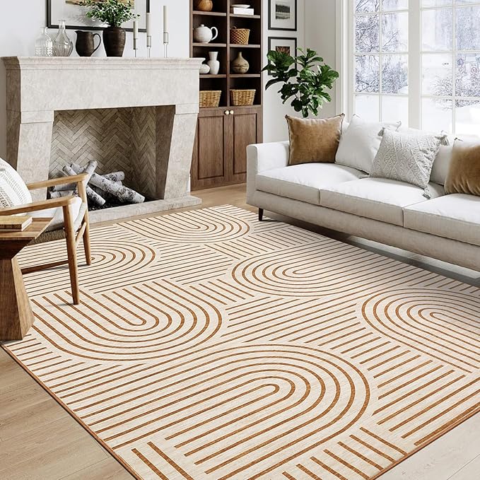 Washable Rug 10x13 Area Rugs for Living Room, Abstract Rug for Bedroom, Soft Rainbow Rugs with Rubber Back, Low Pile Stain Resistant Boho Geometric Rug for Dining Room, Orange