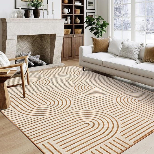 Washable 8x10 Area Rug Modern Abstract Carpet Non Shedding Living Room Area Rug Soft Bedroom Rugs Stain Resistant Boho Rainbow Large Carpet for Nursery Dining Room, Orange