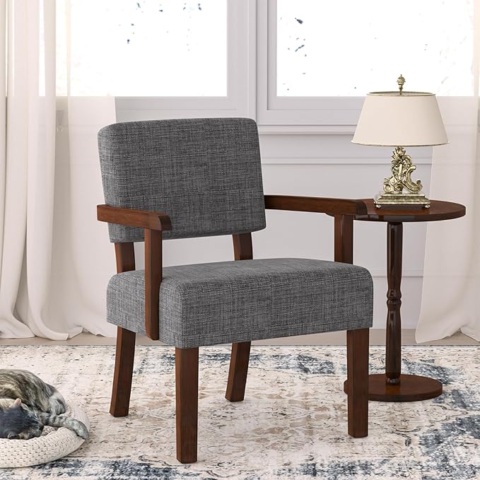 Accent Chair,Armchairs with Solid Wood Frame and Legs,Upholstered Reading Leisure Chair for Bedroom,Office,Waiting Room (Linen, Gray, One Chair)