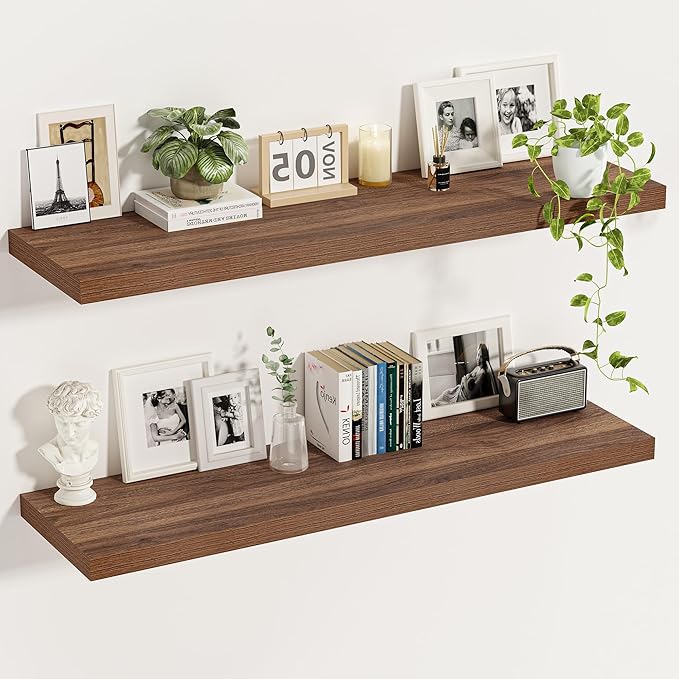 Vivelove Rustic Floating Shelves for Wall 12 Inch Deep, 55" X 12" X 1.5" Floating Shelf, 2 Inch Thick Shelf for Living Room Bathroom Bedroom Kitchen Office, Rustic Farmhouse Decor Set of 2, Walnut