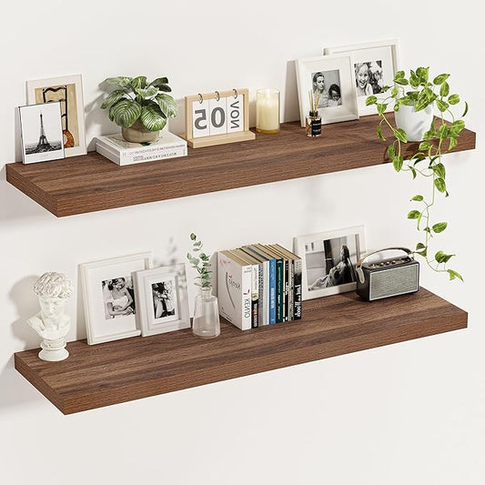 Vivelove Rustic Floating Shelves for Wall 12 Inch Deep, 55" X 12" X 1.5" Floating Shelf, 2 Inch Thick Shelf for Living Room Bathroom Bedroom Kitchen Office, Rustic Farmhouse Decor Set of 2, Walnut