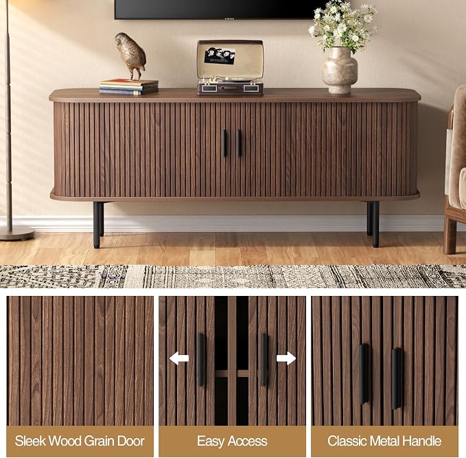 55''W Storage Cabinet, Fluted Sideboard Buffet Cabinet with Storage, Console Table Credenza with Tambour Slatted Sliding Doors and Shelves, Modern TV Stand for Living Room, Kitchen, Entryway, Walnut