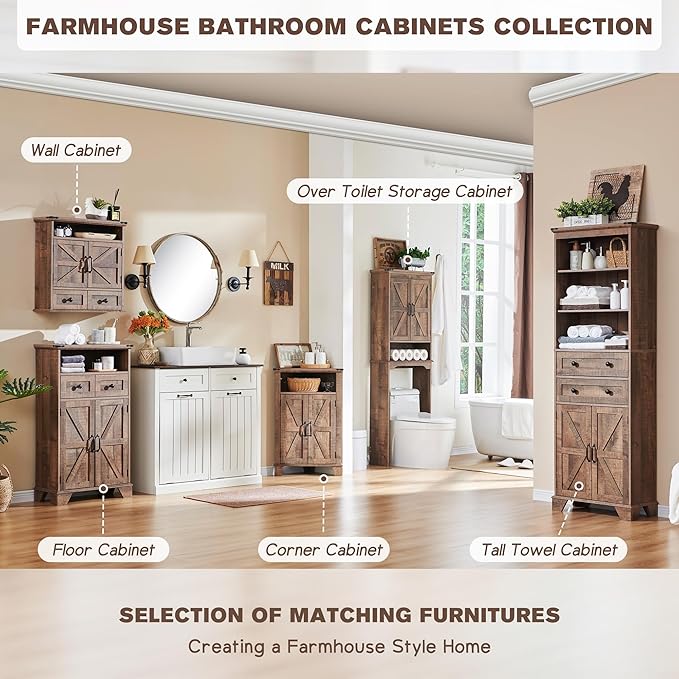 ACCOHOHO Corner Bathroom Cabinet, Farmhouse Small Corner Cabinet with Barn Door & Adjustable Shelf, Storage Cabinets for Bathroom, Kitchen, Living Room, Rustic Brown