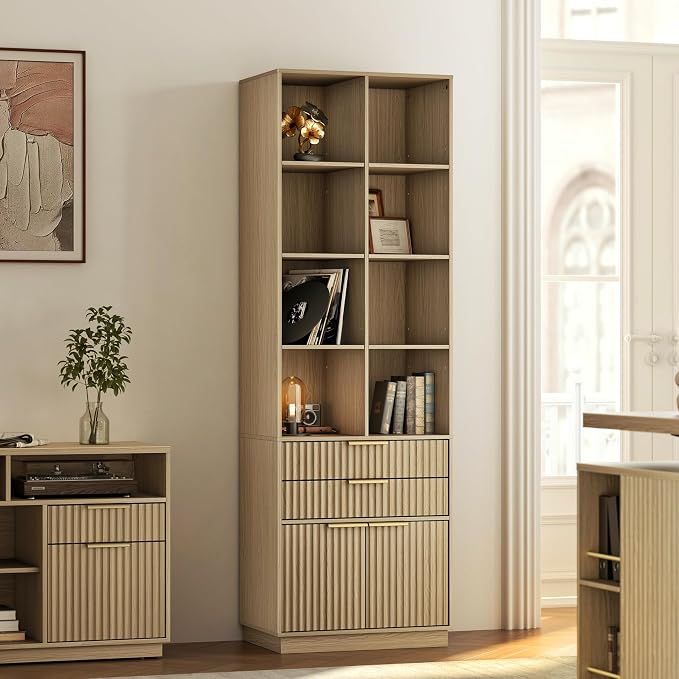 Bookshelf with Drawers, 73 Inches Fluted Tall Bookcase with Doors, Wooden Book Shelf with 4-Tier Storage Shelves for Home Office, Light Walnut