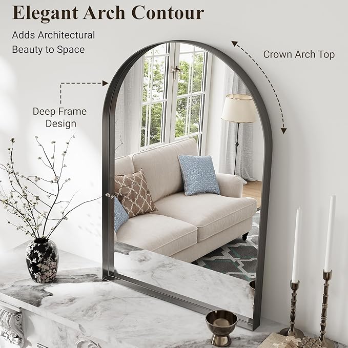 Arch Bathroom Mirror, 20"x30" Wall Mounted Vanity Mirror with Deep Frame, Tempered Glass Decor Mirror for Bathroom, Bedroom, Entryway and Living Room, Hanging or Leaning, Black
