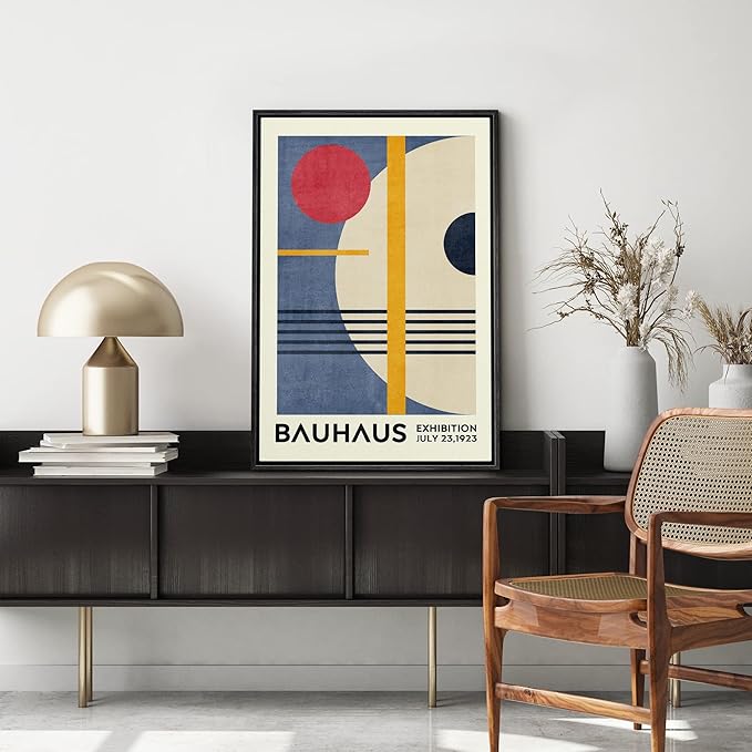 MUDECOR Framed Canvas Print Wall Art Red & Blue Bauhaus Geometric Display Abstract Shapes Illustrations Fine Art Mid-Century Modern Multicolor for Living Room, Bedroom, Office - 16"x24" Black