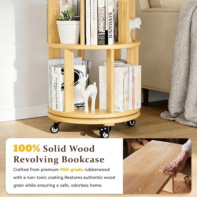 6 Tier Rotating Solid Wood Bookshelf, Corner Small Bookshelf Lazy Susan Organizer,Circular Rotating Spinning Bookshelf on Wheels, Revolving 360° Bookshelf for Small Spaces for Bedroom Natural