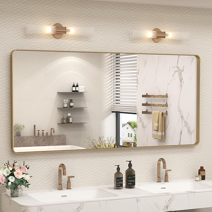 CAHRMOR 60x28 Brushed Gold Mirror for Bathroom, Golden Metal Framed Vanity Mirror, Large Rectangle Vanity Wall Mirror, Modern, Anti-Rust, Shatterproof (Horizontal/Vertical)