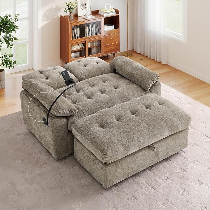 Oversized Chaise Lounge Chair Indoor with Ottoman&Adjustable Backrest,Chenille Tufted Recliner Comfy Loveseat Sofa Chair with USB&Phone Holder,Convertible Sleeper Couch Bed for Living Room(56"W,Brown)
