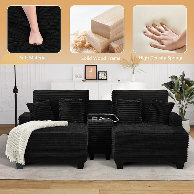 Oversized Chaise Lounge Chair Indoor with Storage & USB, Cup Holder & Ottoman, Firm Solid Wood Frame with Long Service Life Corduroy Oversized Lounge Reading Chair for Large Study Room - Jet Black