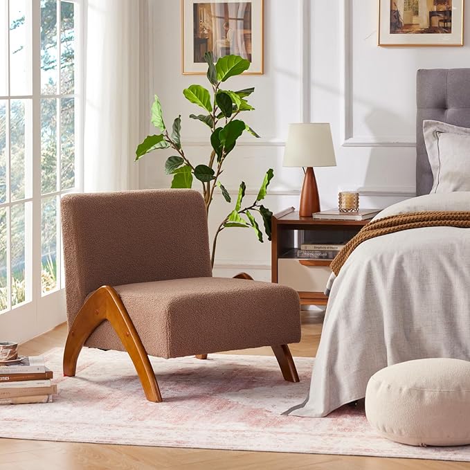 Oversized Accent Chair, upholstered armless mid Century Modern Living Room Chair with Wooden Legs for Bedroom/Office/Cafe, Sherpa Brown