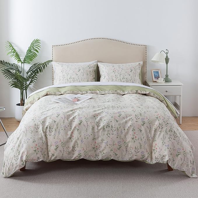 HoneiLife Floral Duvet Cover King - 100% Cotton Comforter Cover, Botanical Bedlinen Set for King Beds, 3-Piece Wildflower Comforter Cover Sets