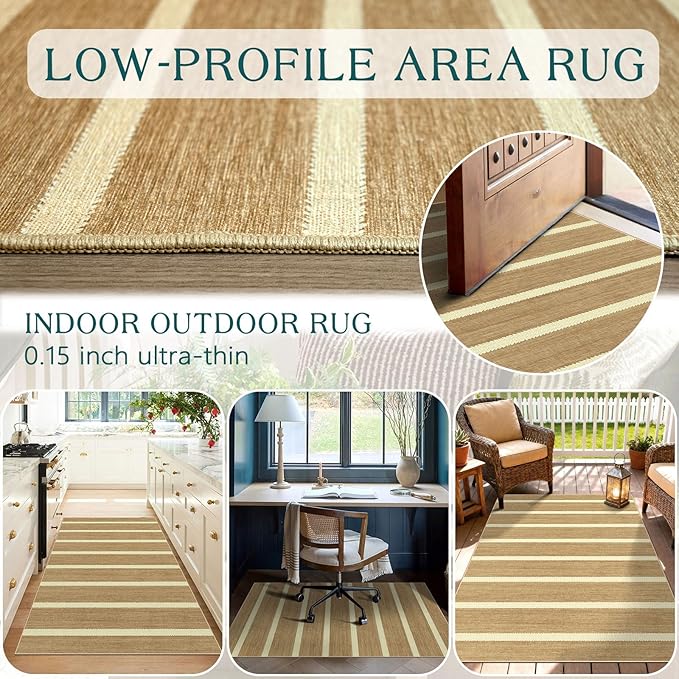 Striped 3x5 Entry Rug - Small Washable Indoor Outdoor Mats for Front Door Non-Slip Porch Rug Tan Beige Farmhouse Throw Rugs for Living Room Bedroom Entryway Kitchen Mudroom Office Porch Decor