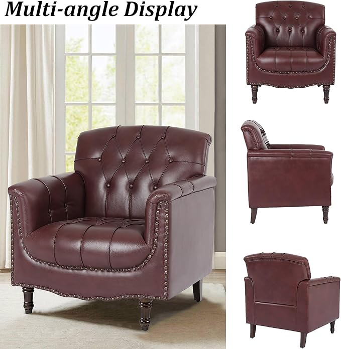 Faux Leather Accent Chair, PU Leather Modern Comfy Upholstered Armchair with Wood Legs & Nailhead Trim for Living Room, Bedroom (Red,Set of 2)