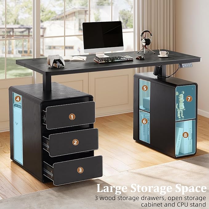 AVZEAR Farmhouse Electric Standing Desk, 55" Height Adjustable Computer Stand up Desk with 3 Drawers and Storage Shelf, Mid Century Modern Home Office Desk Wood Sit Stand Desks for Work, Study, Black