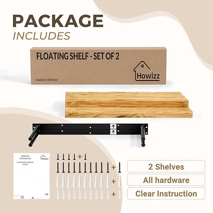 Howizz 24'' Wood Floating Shelves for Wall, Acacia Wood Wall Mounted Shelves with Invisible Brackets, Rustic Wooden Shelf Set of 2 for Living Room, Bedroom, Bathroom, Kitchen Decor, Natural Finish