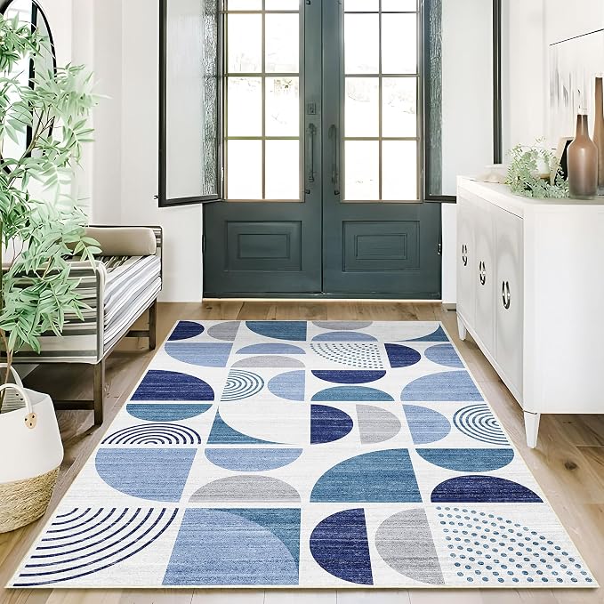 MUJOO 3x5 Rug Washable,Blue Boho Area Rugs for Bedroom Entryway Living Room Bedside,Small Throw Floor Carpet Non Slip Soft Indoor Modern Abstract Navy Blue