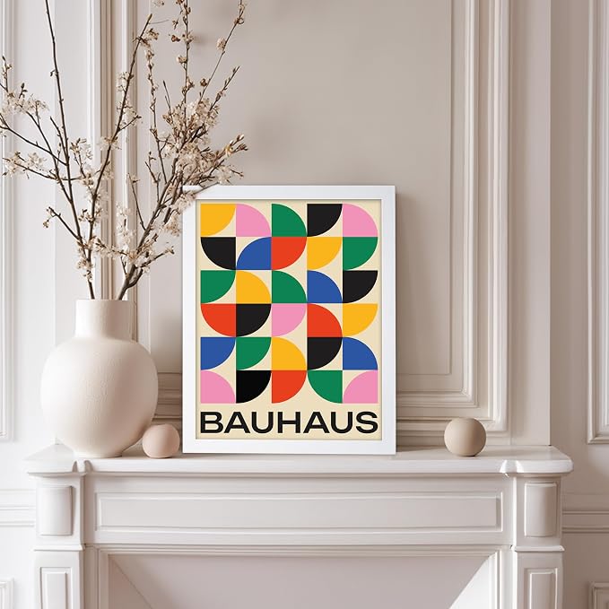 Poster Master Bauhaus Poster - Triangles Print - Geometric ART - Abstract ART - Graphic Design Style - Chic Boho - Mid Century Modern - Living Room or Bedroom Decor - 8x10 White Framed