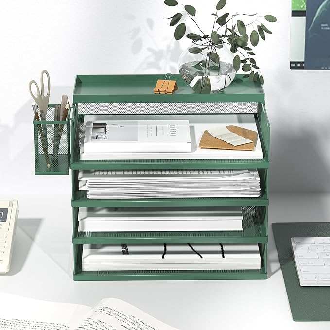 Metal Stackable Letter Trays, 4-Tier Desk Organizer & Paper Trays for Office, Stackable File & Document Tray with Magnetic Labels,Green