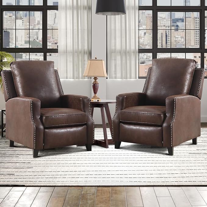 Push Back Recliner Chair Faux Leather Pushback Armchair with Rivet Decoration Wingback Single Sofa Chair with Padded Seat Solid Wood Legs for Living Room Set of 2, Reddish Brown