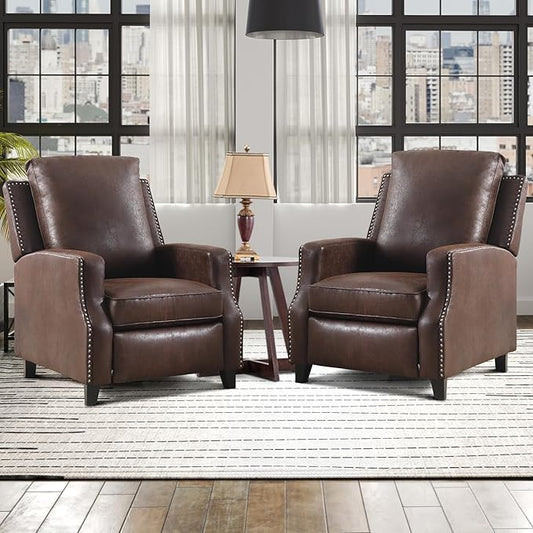 Push Back Recliner Chair Faux Leather Pushback Armchair with Rivet Decoration Wingback Single Sofa Chair with Padded Seat Solid Wood Legs for Living Room Set of 2, Reddish Brown