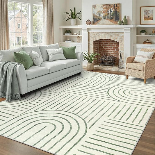 DCX Abstract Machine Washable 8x10 Rug, Sage Green Modern Accent Rug for Living Room, Soft Low Pile Non Slip Carpet, Kid & Pet Friendly Stain Resistant Rug for Bedroom Dining Room Office