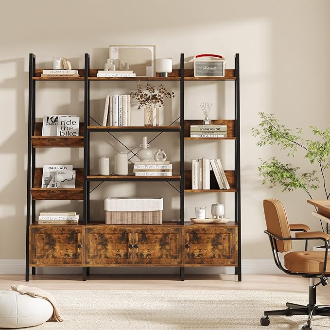kepptory Large Ladder Bookshelf with 3 Storage Cabinets, Triple Wide 4-Tier Open Bookcase with Storage for Living Room, Bedroom, Home Office, Rustic Brown