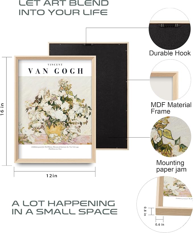 HesenDot Van Gogh High Framed Wall Art Set of 3, 12x16in Neutral Floral Canvas Prints, Abstract Landscape Artwork for Living Room Bedroom Gallery Office Home Décor