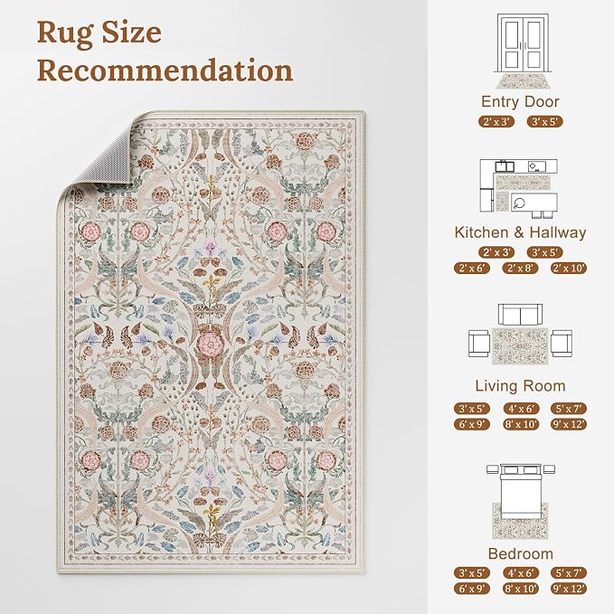 AMTOVO 2.7x8 Runner Rug for Hallway, Washable Non-Slip Long Kitchen Carpet, Floral Vintage Distressed Floor Mat for Hallways Entryway Living Room Laundry Room Bathroom Farmhouse, Beige
