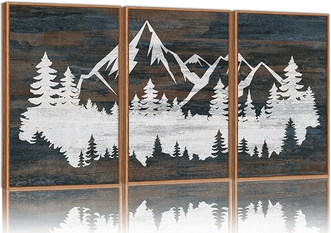 Rantodecor Vintage Mountain Framed Canvas Wall Art, White Snowy Nature Landscape Wall Decor, Rustic Wilderness Forest Art Paintings, Modern Farmhouse Artwork for Bedroom Living Room Office 16"x24"x3