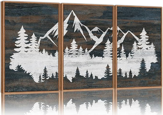Rantodecor Vintage Mountain Framed Canvas Wall Art, White Snowy Nature Landscape Wall Decor, Rustic Wilderness Forest Art Paintings, Modern Farmhouse Artwork for Bedroom Living Room Office 16"x24"x3