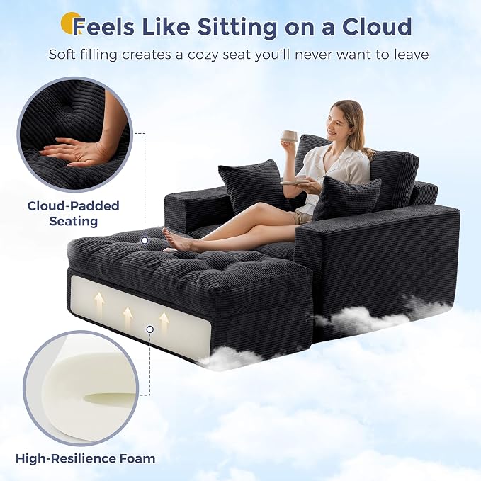 MAXYOYO Oversized Chaise Lounge Sofa, Upholstered Lounge Chair with 3 Pillows, Tufted Boneless Sofa Couch with Ottoman, Deep Seat Chair for Living Room, No Assembly, Black